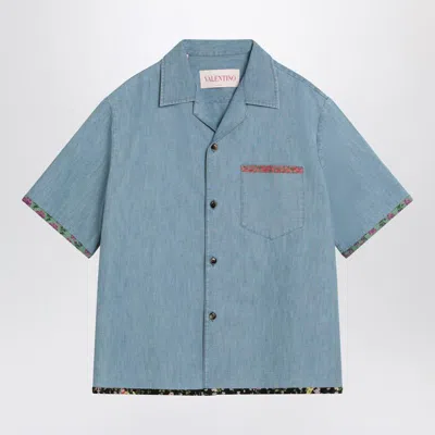Valentino Garavani Denim Bowling Shirt With Floral Trim In Blue