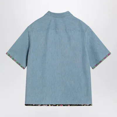 Valentino Garavani Denim Bowling Shirt With Floral Trim In Blue