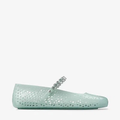 Jimmy Choo Light Green Jelly Ballet Flats With Crystal In Blue
