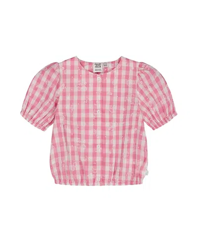 Deux Par Deux Little Girl's Puff Sleeve Top Pink And White Checks
