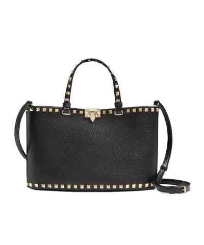 Valentino Garavani Rockstud Small Shopping Bag In Grainy Calfskin In Black