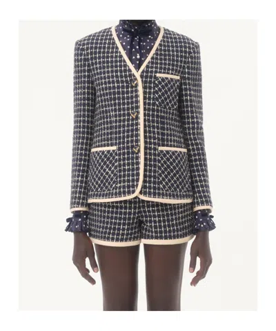 Valentino Boucle Wool Blend Jacket With Contrast Trim In Blue