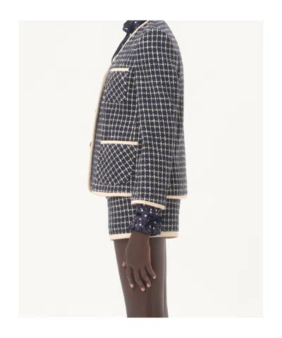 Valentino Boucle Wool Blend Jacket With Contrast Trim In Blue