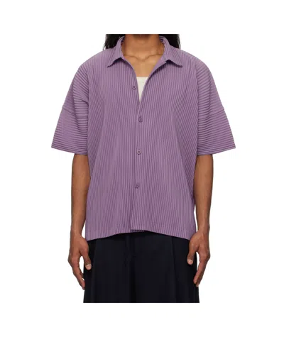 Issey Miyake Ns Viola Purple Pleated Spread-collar Short-sleeve Knitted Shirt