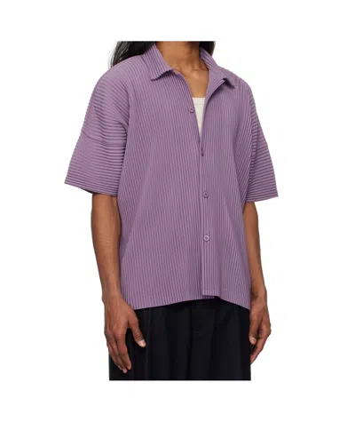 Issey Miyake Ns Viola Purple Pleated Spread-collar Short-sleeve Knitted Shirt