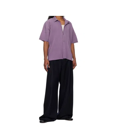 Issey Miyake Ns Viola Purple Pleated Spread-collar Short-sleeve Knitted Shirt