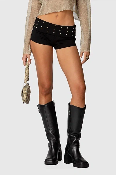 Edikted Studded Foldover Micro Shorts In Black