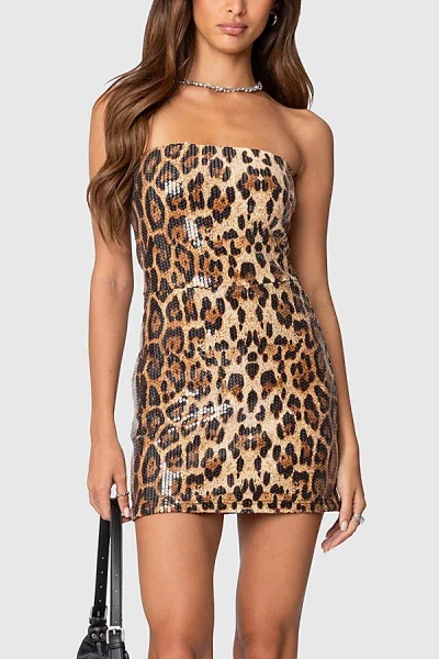 Edikted Leopard Sequin Strapless Minidress In Brown