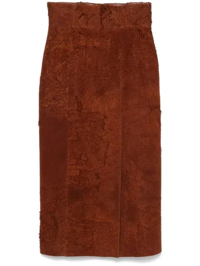 Alexander Mcqueen Womens Brown Brushed-suede Split Leather Midi Skirt