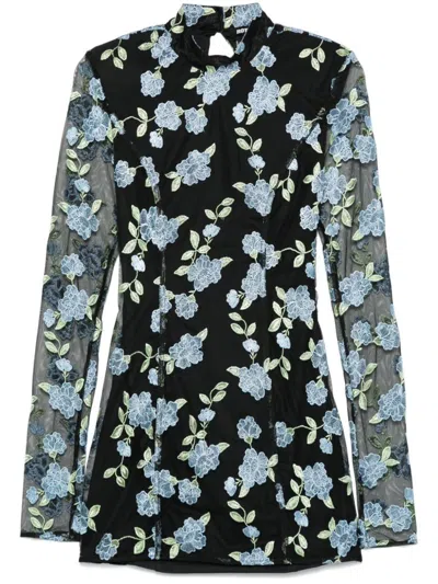 Rotate Birger Christensen Black High Neck Mini Dress With Semi Sheer Sleeves And All-over Floral Motif In Tech Fabric Woman