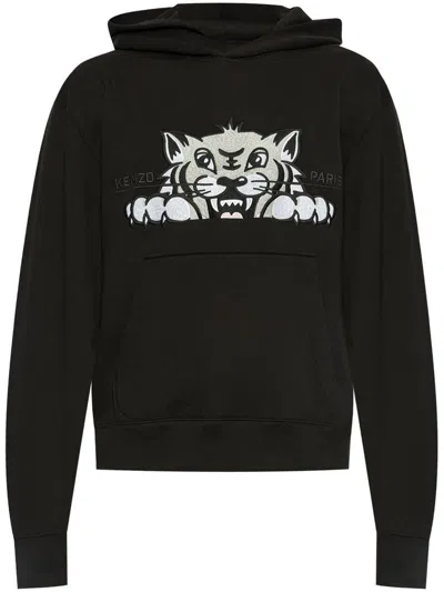 Kenzo Black Cotton Hoodie With Tiger Design