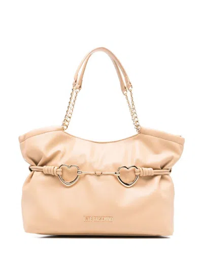 Love Moschino Beige Faux Leather Shoulder Bag With Metal Hearts