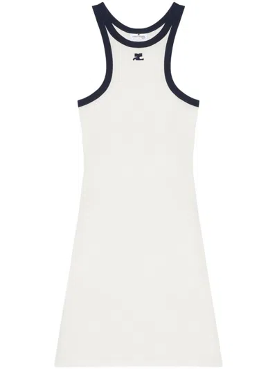 Courrèges White Cotton Mini Dress With Navy Blue Details And Halter Neck
