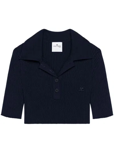 Courrèges Blue Cotton Crop Polo With Logo