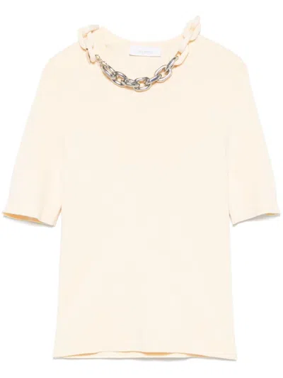 RABANNE RABANNE BEIGE SILK AND COTTON T-SHIRT WITH CHAIN 