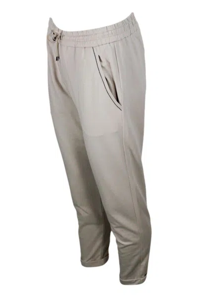 Brunello Cucinelli Jogging Trousers With Drawstring Waist In Stretch Cotton With Welt Pockets Embellished With Jewels