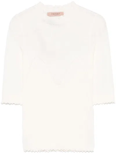 Twinset Twin-set Fitted White Sweater With Scalloped Neckline