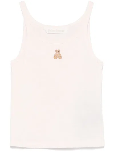 Palm Angels White T-shirt In Cotton With Teddy Sleeveless In Pink