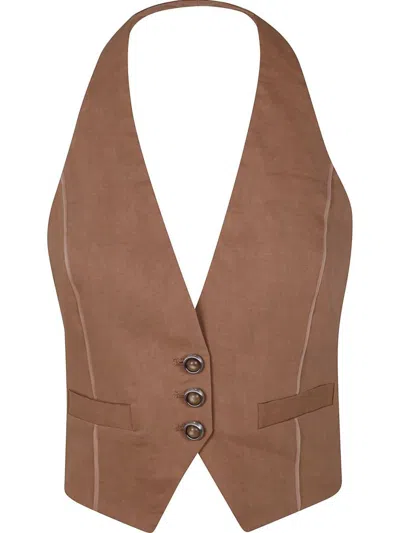 Pinko Tailored Brown Vest With V-neckline And Button Detail