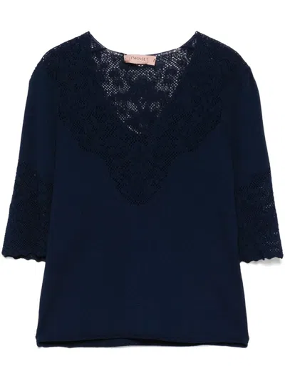 Twinset Twin-set Deep V-neck Sweater With Lace Detailing