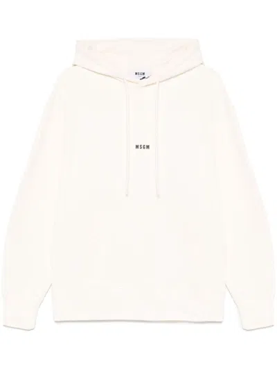 Msgm White Cotton Hoodie With Black Logo