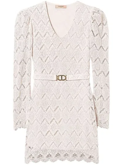 Twinset Twin-set Beige Lace Mini Dress With Scalloped Hem