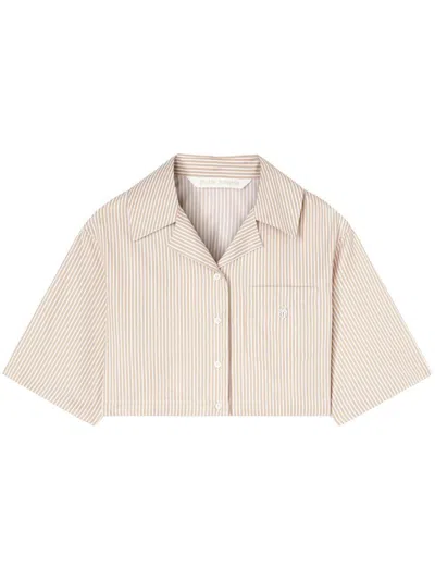 Palm Angels Crop Shirt With Beige And White Stripes With Logo