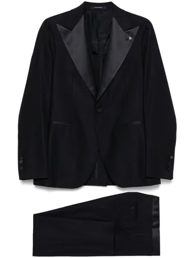 Tagliatore Blue Tailored Suit With Satin Lapel And Shoulders