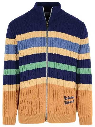 Maison Kitsuné Striped Cable Zipped Cardigan In Navy/chamomile