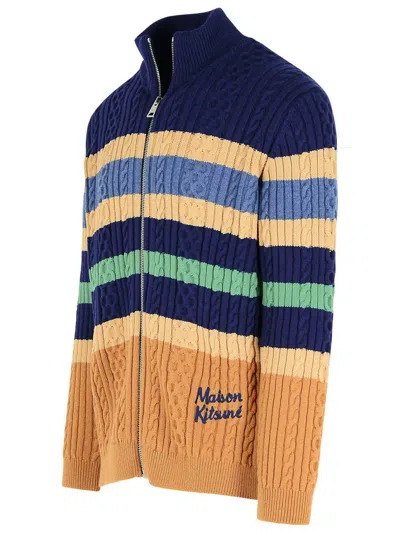 Maison Kitsuné Striped Cable Zipped Cardigan In Navy/chamomile