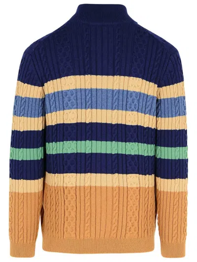 Maison Kitsuné Striped Cable Zipped Cardigan In Navy/chamomile