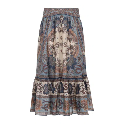 Zimmermann Womens Blue Cream Indienne Ascension Tiered Silk Midi Skirt Xs