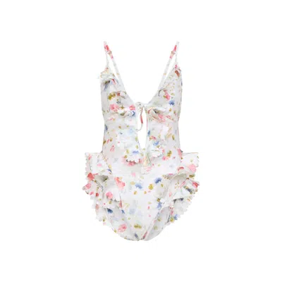 Zimmermann Multicolour Floral Swimsuit With Ruffled Edges And Adjustable Ties In Multi