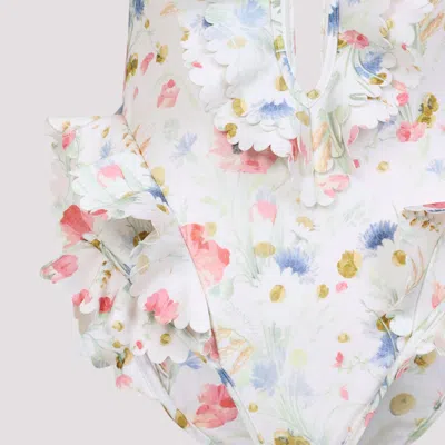 Zimmermann Multicolour Floral Swimsuit With Ruffled Edges And Adjustable Ties In Multi