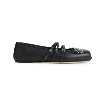 Gucci Leather Bow Detail Squared Toe Ballet Flats In Black