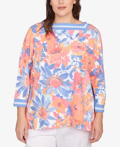 Ruby Rd. Plus Size Floral Striped Trim Top In Blue