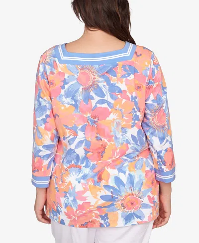 Ruby Rd. Plus Size Floral Striped Trim Top In Blue