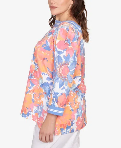 Ruby Rd. Plus Size Floral Striped Trim Top In Blue