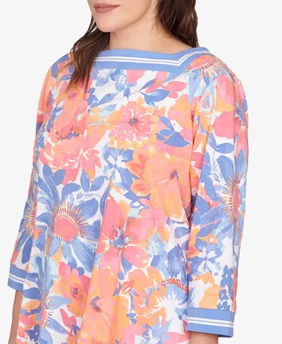 Ruby Rd. Plus Size Floral Striped Trim Top In Blue