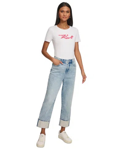 Karl Lagerfeld Womens Cotton Crop Paris Scene Button Front Top High Rise Embellished Jeans In Blue