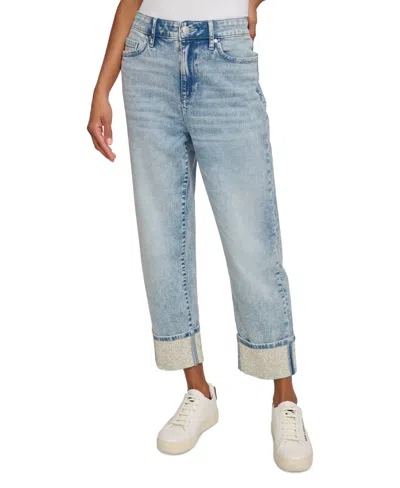 Karl Lagerfeld Womens Cotton Crop Paris Scene Button Front Top High Rise Embellished Jeans In Blue