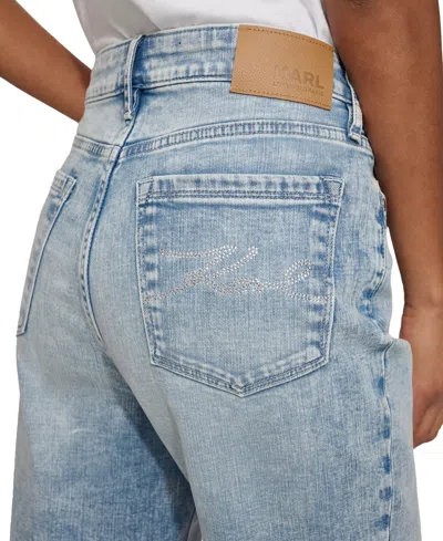 Karl Lagerfeld Womens Cotton Crop Paris Scene Button Front Top High Rise Embellished Jeans In Blue