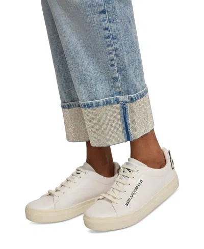 Karl Lagerfeld Womens Cotton Crop Paris Scene Button Front Top High Rise Embellished Jeans In Blue