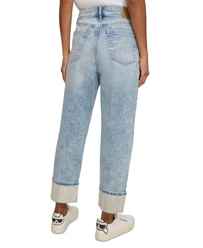 Karl Lagerfeld Womens Cotton Crop Paris Scene Button Front Top High Rise Embellished Jeans In Blue