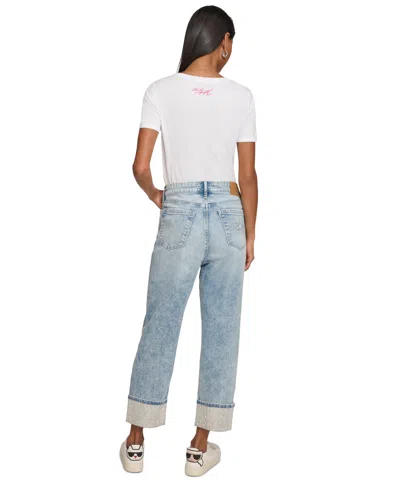 Karl Lagerfeld Womens Cotton Crop Paris Scene Button Front Top High Rise Embellished Jeans In Blue