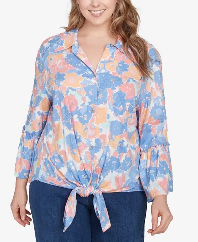 Ruby Rd. Plus Size Floral Button Tie Front Top In Blue