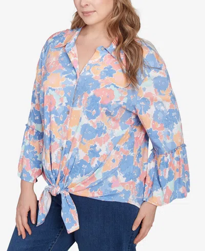 Ruby Rd. Plus Size Floral Button Tie Front Top In Blue