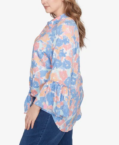 Ruby Rd. Plus Size Floral Button Tie Front Top In Blue