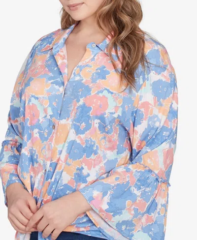 Ruby Rd. Plus Size Floral Button Tie Front Top In Blue