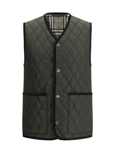 Burberry Quilted Green Gilet With Distinctive Button Closure